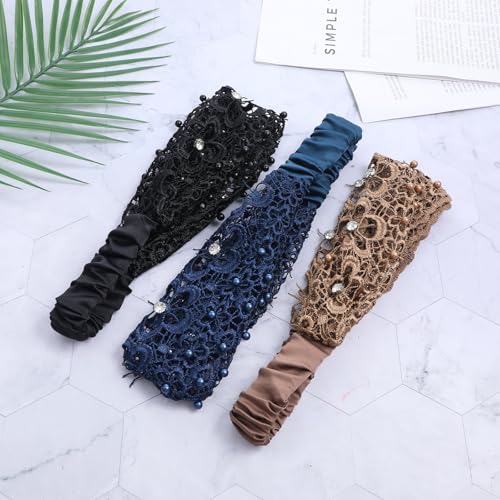 Tucnoeu 3pcs Boho-Chic Crystal & Pearl Embellished Wide Headbands, Wide Boho Pearl Headband for Wome, Floral Beaded Lace Elastic Headband Suitable for Daily Wear and Weddings Stylingvarious Holidays - color: Brown, blue, black