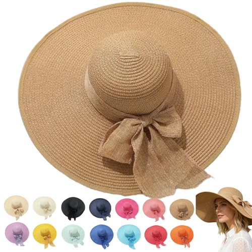 Women’s Straw Sun Hat Wide Brim Packable - Boho Beach Hat for Summer Vacation, Poolside Relaxation and Tropical Travel - color: Khaki