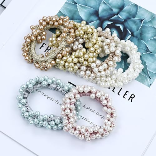 Dizila 12 Pack Stretchy Bling Glitter Sparkly Pearl Hair Ties Scrunchies Beaded Hair Elastics Decorative Thin Thick Hair Ponytail Holders Bracelet Hair Ropes Bands Beautiful Accessories for Women Girl