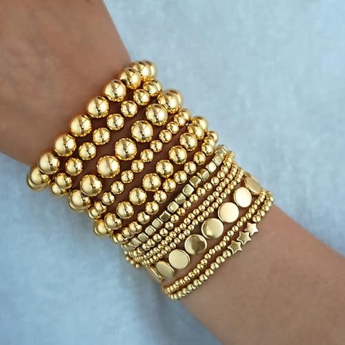 ÌF ME 16 PCS Gold Bead Bracelet for Women, Gold Beaded Stretch Plated Stackable Strand Bead Ball Bracelets stack Adjustable Jewelry Set for Gifts - color: 13 PCS Gold