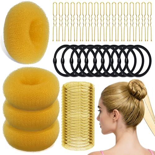 YINGFENG 134 Pcs Gold Hair Bun Maker Kit Medium - 4 Bun Hair Pieces for Women, 20 Hair Net for Buns, 100 Bobby Pins for Women, 10 Hair Bands, for Ballet Styling, Hair Accessories for Girls - color: gold, size: Medium