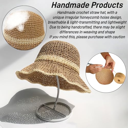 Floppy Big Beach Straw Hats for Women Foldable Summer Wide Brim Packable Sun Hat Womens Travel Straw Fedora Hat - color: Khaki-beige
