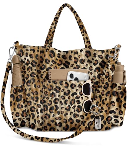 Miss Adola Crossbody Corduroy Tote Bag for Women, Large Tote Bag with Multi-Pockets and Zipper for Travel Work - color: Classic Leopard Print