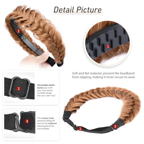 2PCs Braided Headband with teeth Handmade Messy Wide Synthetic Hair Elastic Stretch Fluffy Hairpiece for Brides (Strawberry Blonde) - color: Strawberry Blonde