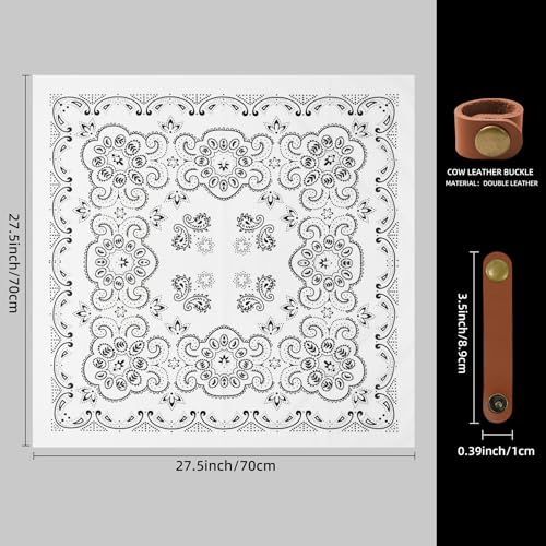 27.5 Inches Western Bandana Scarf With Leather Scarf Buckle, 100% Cotton Neck Scarf for Men Cowboy Scarves - color: White