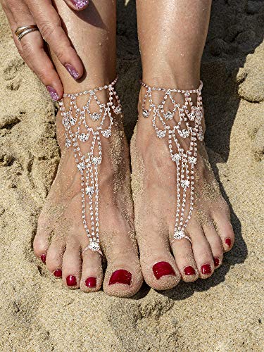 Hicarer 6 Pcs Foot Jewelry Barefoot Sandals for Women Rhinestone Bohemian Foot Ankle Chains for Beach Wedding - style: Rhinestone Faux Pearl Leaf Style