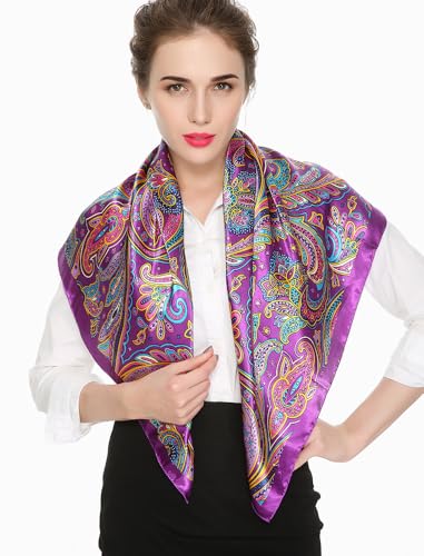 corciova 35 x 35 Satin Square Scarf for Women, Silk-Feel Hair Wrap, Large Bandana, Neck Wrap, Headscarf & Fashion Accessory - color: 98 Purple Paisley
