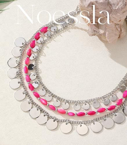 Noessla Layered Beaded Chunky Necklace for Women Boho Two-color Shell Statement Necklace Fashion Collar Costume Jewelry Gifts for Mum - color: 94-Hot Pink
