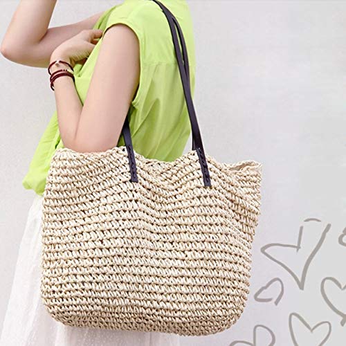 Ayliss Women Straw Woven Tote Large Beach Handmade Weaving Shoulder Bag Purse Straw Handbag - color: Beige