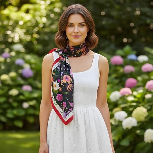 Premium Floral Scarf for Women 35x35 Square Silk Feel-Lightweight Scarves Headscarf Bandanas Wrapping Handbag - color: Botanical Bloom