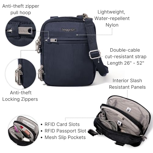 Baggallini Securtex® Anti-theft Mini Everything Crossbody Bag, 6.3"x8.25" Rfid, Locking Zippers & Cut-resistant Strap - color: French Navy