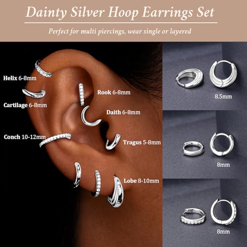 Poxtex Small Sterling Silver Huggie Hoop Earrings Set for Women, Hypoallergenic 14K Gold Plated Hoops Stacks for Multiple Piercings, Dainty Cute Mini Lightweight Cartilage Studs Trendy Jewelry Gift - color: Silver-moon hoop