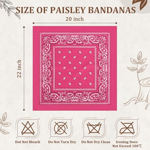 12 Pack Bandanas Unisex Paisley Cowboy Bandanas Bulk Multi Purpose Headband Scarf for Men Women Costume - color: Hot Pink, style: Classic
