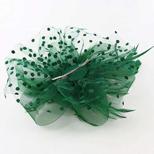 DRESHOW Fascinators Hat Flower Mesh Ribbons Feathers on a Headband and a Clip Tea Party Headwear for Girls and Women - color: 7" Diameter / Emerald Green