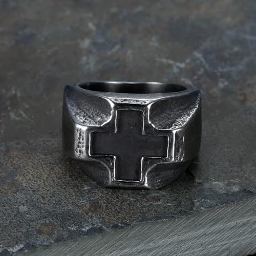 Retro Stainless Steel Mens Cross Ring, Bold Black Design, Durable Handcrafted Jewelry Gift