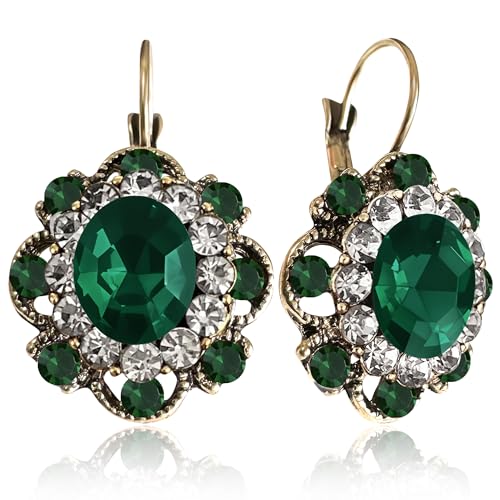 Handmade Bohemian Vintage Gold Sparkly Crystal Round Flower Leverback Earrings Cute Rhinestone Geometry Dangle Drop Earring for Women - color: Emerald