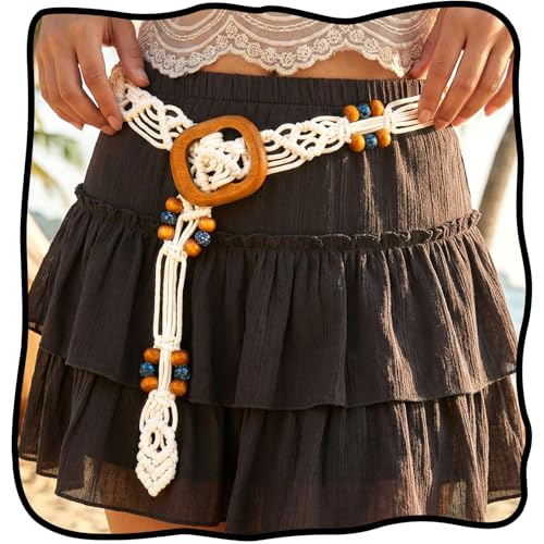 Fstrend Women's Woven Waist Belt Chain,Turquoise Braided Belts with Wooden Beads,Adjustable Belly Accessory for Dress (D) - color: B