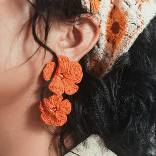 Boho Flower Earrings Statement Raffia Dangle Earrings Cute Floral Jewelry Trendy Summer Beach Vacation Outfits for Women - color: Orange