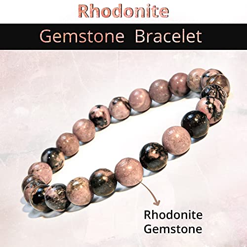 ANAYA AGATE Healing Crystal Bracelet for Women and Men – 8mm Round Beaded Bracelet for Men and Women – Unisex Stretchy Gemstone Bracelet for Healing and Protection - color: Rhodonite