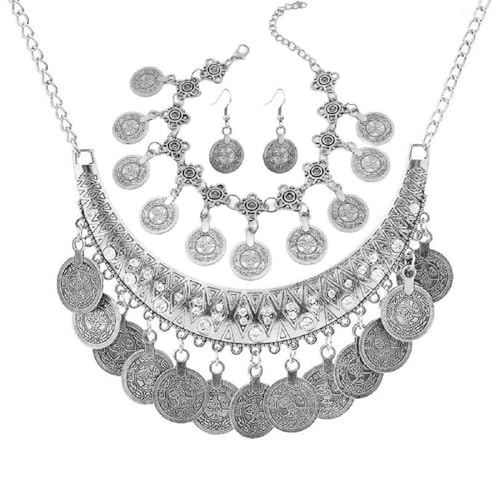 KZL 3PC Gypsy Jewelry Set Bohemian Coin Necklace Bracelet Earrings for Women Vintage African Indian Costume Festival Party Accessories - color: Orange