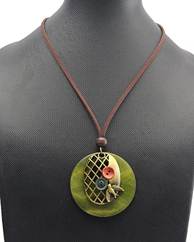 GelConnie Leather Cord Necklace Chain Multilayer Wooden Pendant Necklaces Vintage Jewelry Boho Long Sweater Necklace for Women Men - color: Birdcage Leather Necklace