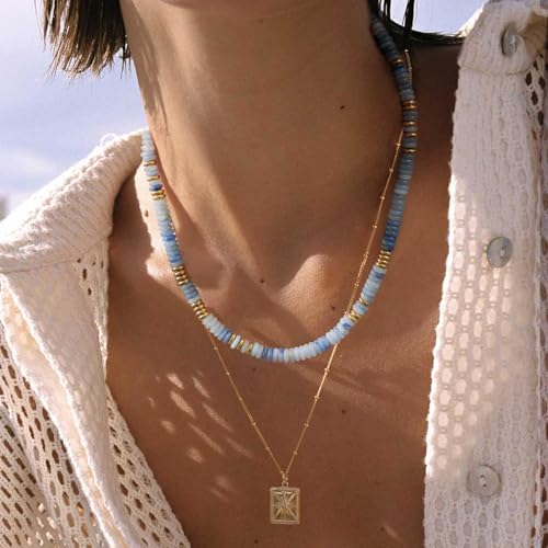 KissYan Boho Beaded Choker Necklace for Women, Gemstone Choker Natural Stone Freshwater Pearl Surfer Necklaces 14K Gold Plated Summer Beach Handmade Jewelry - color: T-Light Blue
