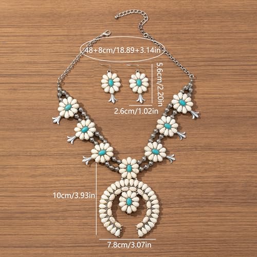 4 PCS Western Turquoise Jewelry for Women Boho Vintage Navajo Pearl Necklace Earring Bracelet Ring Set Country Cowgirl Accessories for Gift - color: O-White（No Bracelet No Ring）