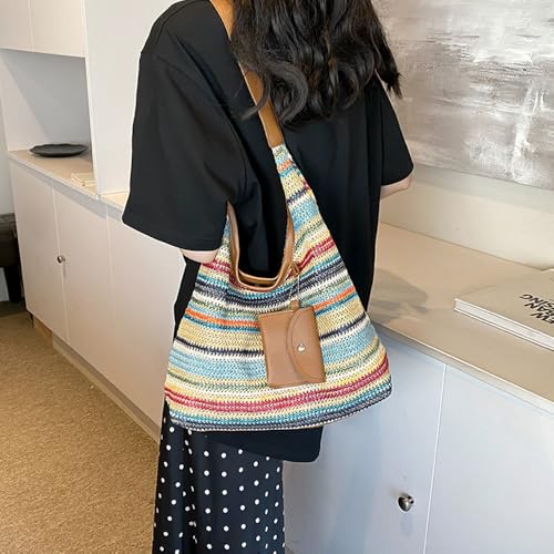 Women's Woven Beach Shoulder Handbag Colorful Straw Tote Bag Summer Vacation Crossbody Bag - color: 3016colorful