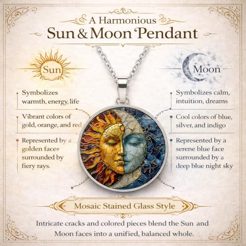 1pc Stunning Round Pendant Necklace - Unique Sun & Moon Pattern, Oil Painting Style Glass Mosaic, Alloy Construction, Trendy Sweater Chain, Fashionable Gift for Women - Christmas or Birthday Gift - color: Silver Chain