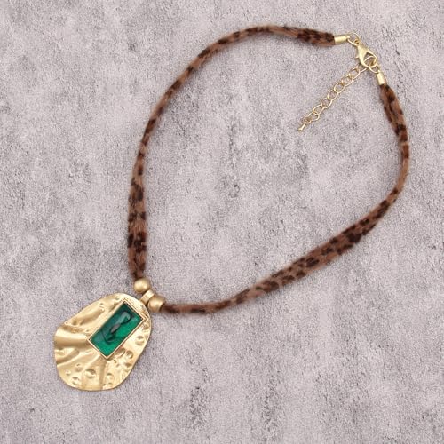 Boho Necklace for Women Adjustable Silicone Rope with Gold Beaded Pendant Chunky Handmade Vintage Jewelry - style: Vintage Green Stone Necklace