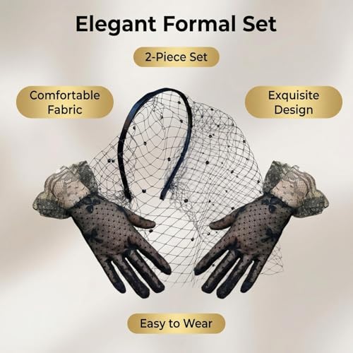 20s 50s Black Funeral Birdcage Veil Fascinator Hats, Vintage Lace Mesh Headband Hair Clip Headwear and Short Floral Lace Gloves for Women for Wedding Cocktail Tea Party Church Birthdays