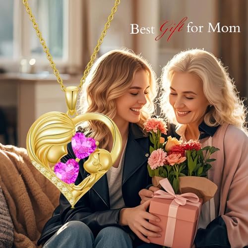 Mothers Day Gifts 14K Yellow Gold Mother Daughter Heart Pendant Necklace with 12 Months Birthstone Birthday Gifts for Mom Anniversarry Jewelry for Mom Wife Girlfriend - color: 10-10-Oct-Oct Birthstone