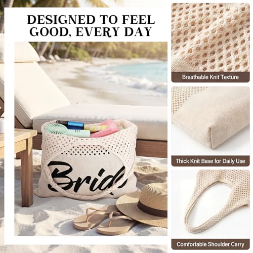 Shinylin Personalized Crochet Tote Bag for Beach Women Beige Mesh Knit Shoulder Bag Boho Aesthetic Tote for Women - style: Bride