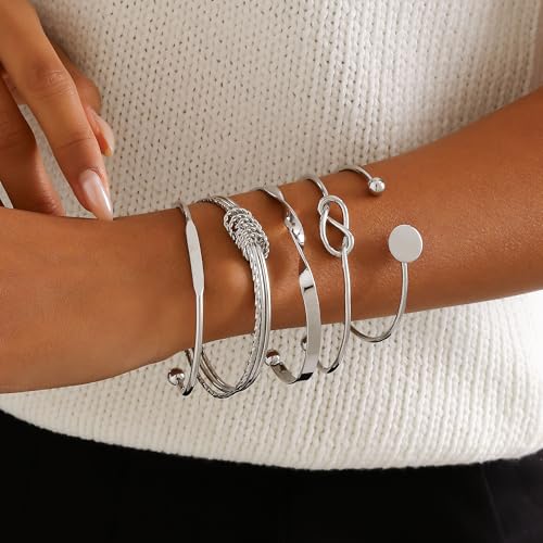 Gold Bangles for Women, 12 Pcs Boho Stackable Bracelets Multi Layer Textured Chunky Bracelets Jewelry Set for Women - color: 5 pcs silver bangles