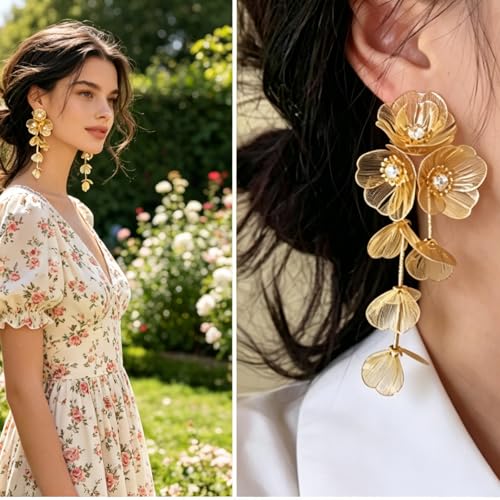 Gold Flower Earrings for Women Boho Orchid Earrings Floral Hoop Petal Earring Prom Wedding Jewelry - style: C:GOLD STYLE 2