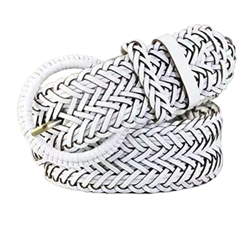 Women Wide Braided Leather Belt 1.6 inch Ladies Soft Woven Waistband with Buckle - color: White