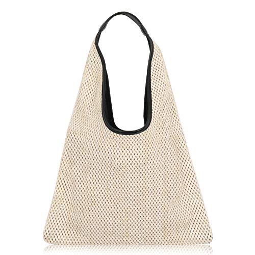 Hand-woven Straw Shoulder Bag Boho Black Leather Top Handle Tote Retro Summer Beach Bag Holiday Travel Handbag - color: White