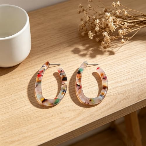 Boho Acrylic Hoop Earrings Bohemian Statement Colorful Acetate Lucite Tortoise Shell Resin Geometric Big Lightweight C Open Hoops Earrings for Women Prom Party Holiday Fashion Jewerly Gifts - color: U-shaped white