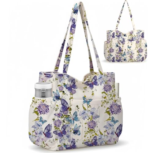 Corduroy Tote Bag for Women,Large Capacity Cute Tote Bags With 6 Pockets,Crossbody Shoulder Handbag for Work Travel Gym - color: Purple Butterfly