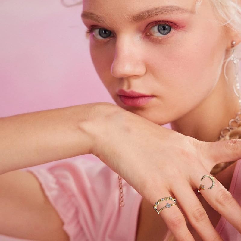 Gold Stackable Rings Set Moon Star Design Adjustable Rings for Everyday Wear Mid FingerPinky Ring Trendy Jewelry Gifts - color: A2