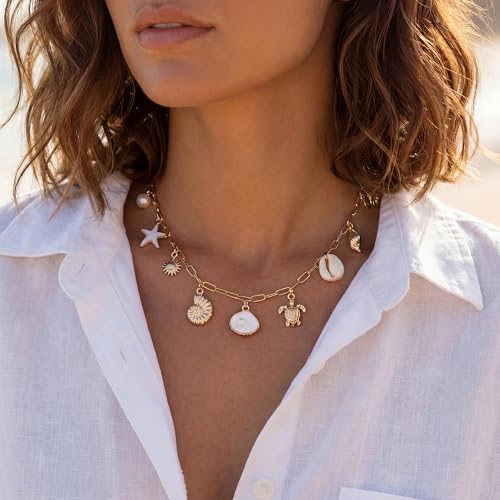 Shell Starfish Necklace for Women, Gold Plated Boho Layered Pendant Necklace with Pearl Conch Charm, Dainty Coastal Summer Beach Vacation Jewelry Gifts - style: White Shell Charm 1Pcs