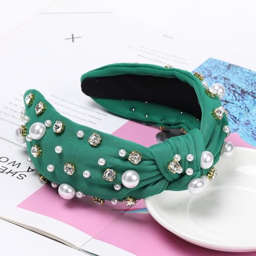 WantGor Pearl Knotted Headband, Women Rhinestone Embellished Hairband Elegant Wide Top Knot Bride Headbands Headpieces Party Fashion Elegant Ladies Hair Band Hair Hoop Accessories (Green) - color: Green