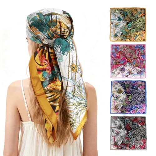 Ciormis 35" Silk Head Scarf for Women, 4 Pcs Satin Hair Scarf Square Silk Bandana Top Neck Scarves Hair Wraps for Sleeping - color: N1-leaves-set7