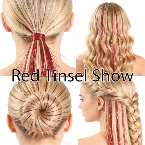 Celinebella Ruby Red Hair Tinsel, 48" 1250 Strands Crimson Shimmer | Vibrant ruby crimson red tone, rich bold shimmer, heat resistant, perfect for Christmas Thanksgiving holiday celebrations - color: 04-Crimson Glitter, size: 48 Inch Pack of 5Pcs