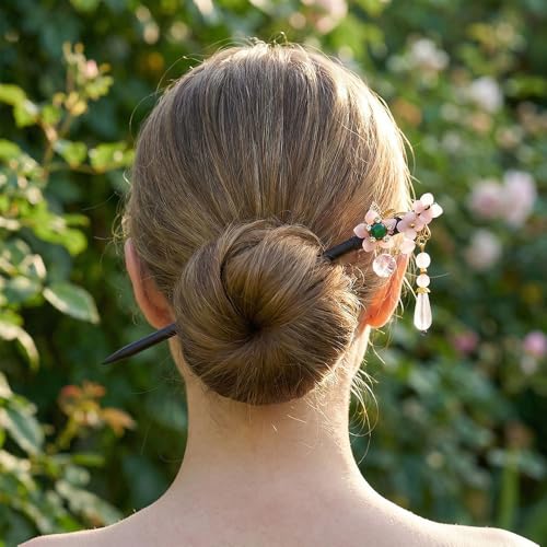 6 Pack Vintage Wooden Hair Sticks for Women, Handmade Chinese Flower Hairpins with Bead Pendants, Traditional Japanese Hair Chopsticks for Buns, Retro Hair Styling Accessories - color: Pink