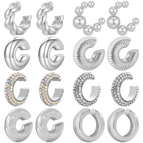 NEWITIN 8 Pairs Chunky Gold Ear Cuff Earrings for Women Trendy Thick Ear Cuffs Non Piercing Clip On Earrings Large Cuff Earring Cartilage Clip for Women - color: Silver/8 Pairs