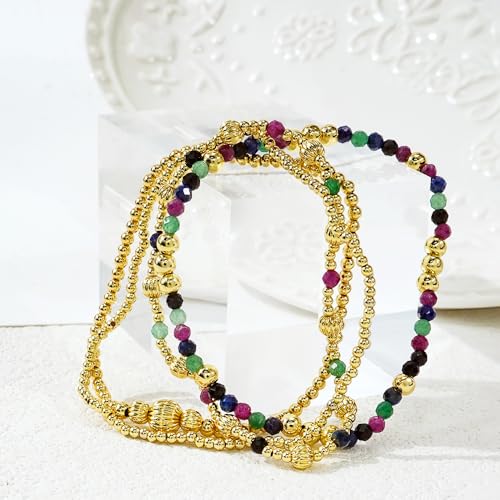 Dainty 14K Gold Lantern Beaded Bracelets Stack for Women,4PCS Colorful Glass Beads Stretch Stackable Bracelets Set Fashion Prom Jewelry Gift Friendship - color: Colorful