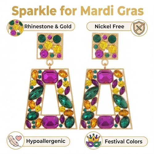 Rhinestone Rectangle Statement Earrings Colorful Crystal Geometric Drop Dangle Earrings for Women Prom Party - color: Mardi Gras