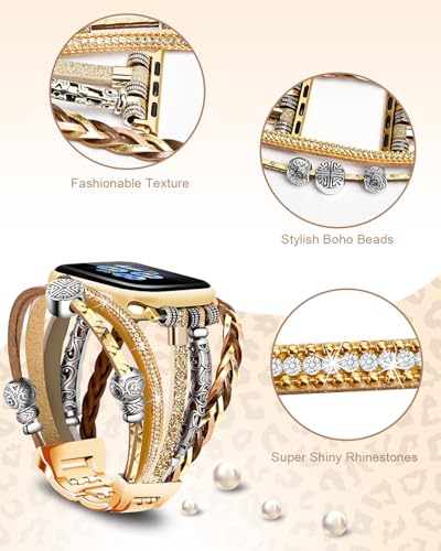 Compatible with Apple Watch Band 40mm for Women, Boho Bracelet for Apple Watch 38mm 41mm, Multilayer Leather Wrap Braided Strap for iWatch Series 11/10(42mm)/9/8/7/6/5/4/3/2/1/SE Gold - color: A-Gold, size: 42(series 11/10)/41/40/38mm