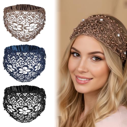 Tucnoeu 3pcs Boho-Chic Crystal & Pearl Embellished Wide Headbands, Wide Boho Pearl Headband for Wome, Floral Beaded Lace Elastic Headband Suitable for Daily Wear and Weddings Stylingvarious Holidays - color: Brown, blue, black